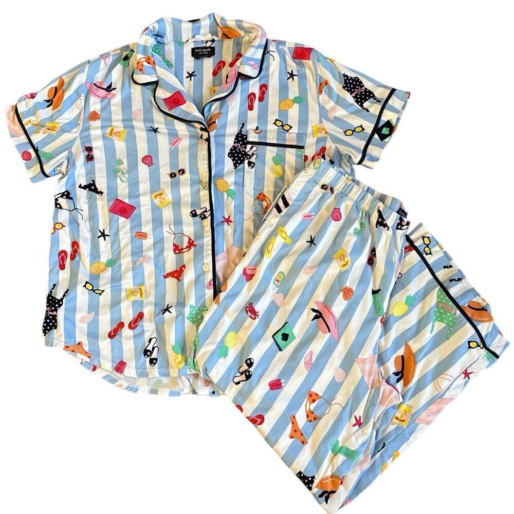 Kate Spade Blue White Stripe Beach Trip Pajama Set Short Sleeve Pant Size Large - Picture 2 of 6